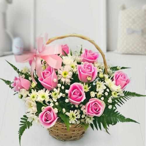 Pink Rose in Hand-crafted Basket