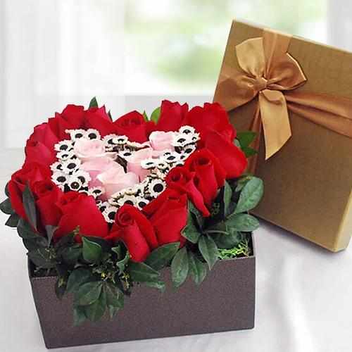 Heart shaped Red Rose arrangement in a Box