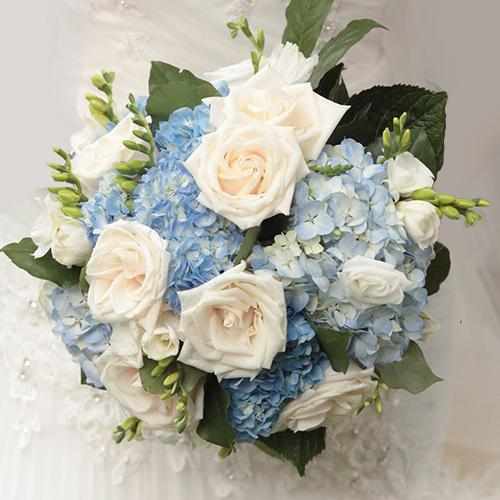 White Roses and Blue Hydrangeas Bouquet