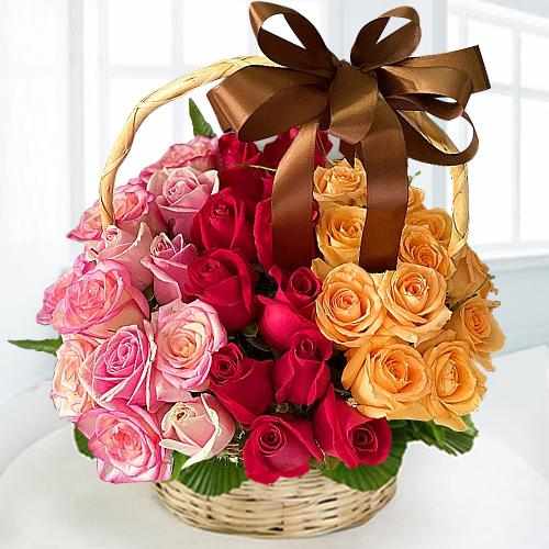 Mixed Roses in a Wicker Basket