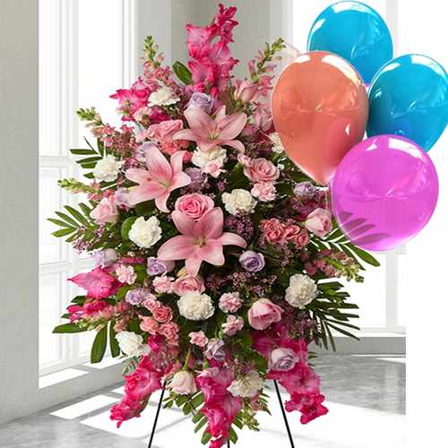 Mixed Flower Stand Box with 4 Balloons