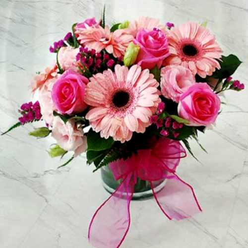 Pink Gerberas and Roses in a Vase Arrangement