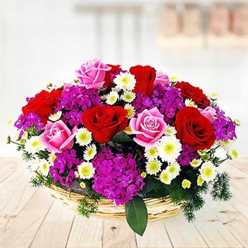 Joyous Basket of Roses Sweet Williams