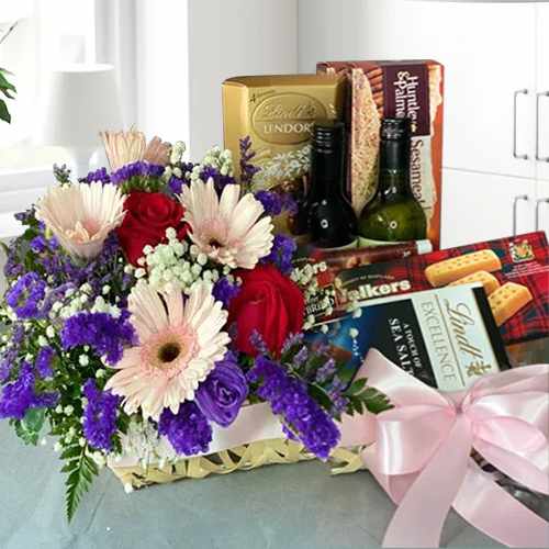 Chocolate and Wine Hamper with Flowers