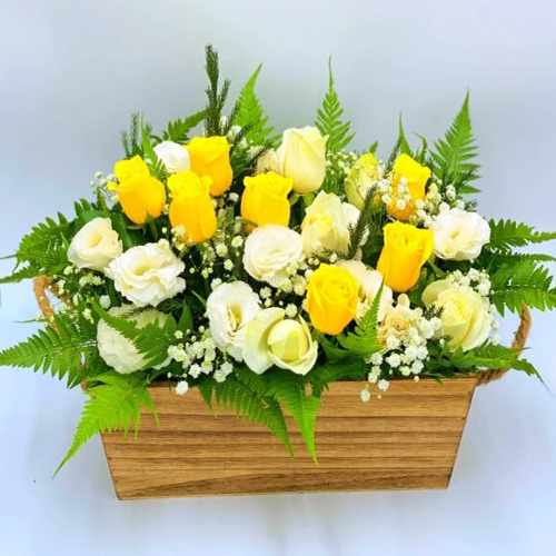Yellow and Creamy Roses in a Wooden Tray