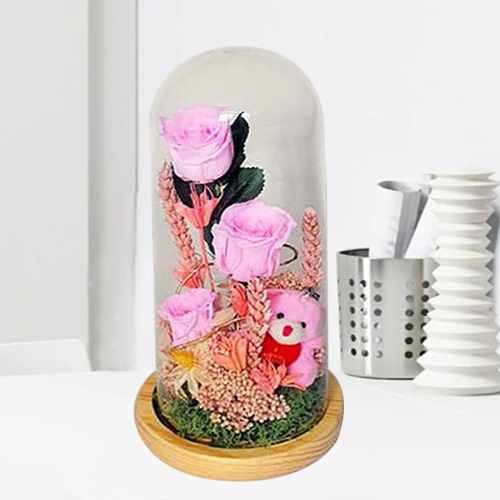 Preserved Pink Rose and teddy in Glass Bell
