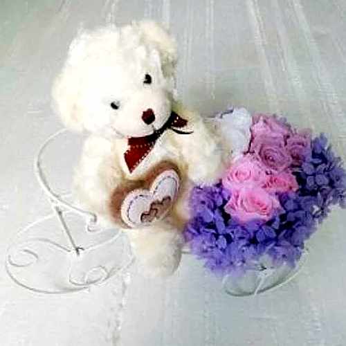 Cute Teddy with Preserved Pink and White Rose
