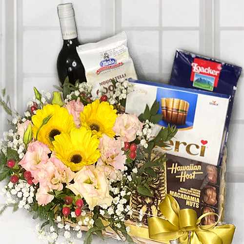 Classy Hamper of Chocolate Wine and Flowers