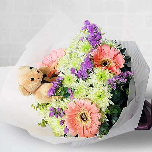 Pastoral Bouquet of Gerbera Pom and Teddy Bear