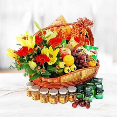 Flowers Fruits and Healthy Foods in a Basket