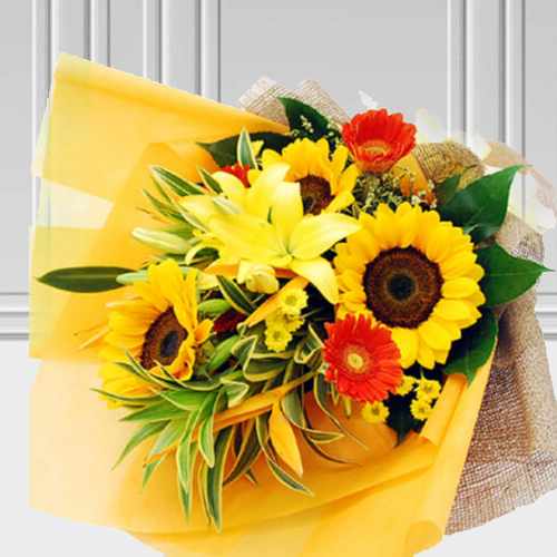 Bouquet of Yellow Sunflower Lilies and Poms