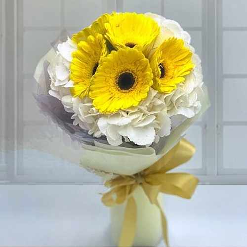 Bouquet of Yellow Gerberas and White Hydrangeas
