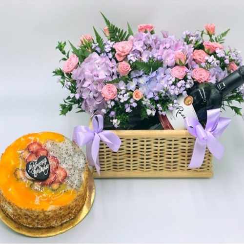 Cheerful Basket of Flowers Cake and Wine