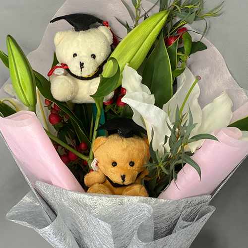 Graduation Floral Bouquet with 2 Teddy Bear