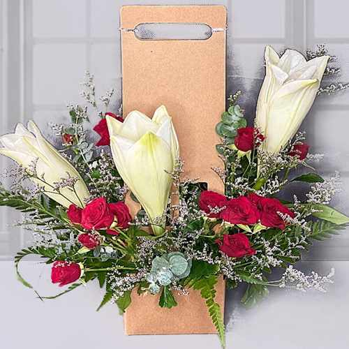 White Lily red Rose and Caspia in a Handmade Box