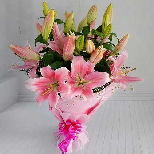 Pink Lilies and White Williams in a Black Paper Box