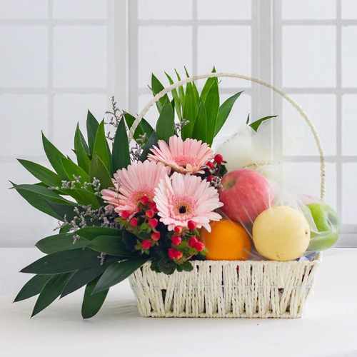 Basket of Fresh Fruits and Seasonal Flowers