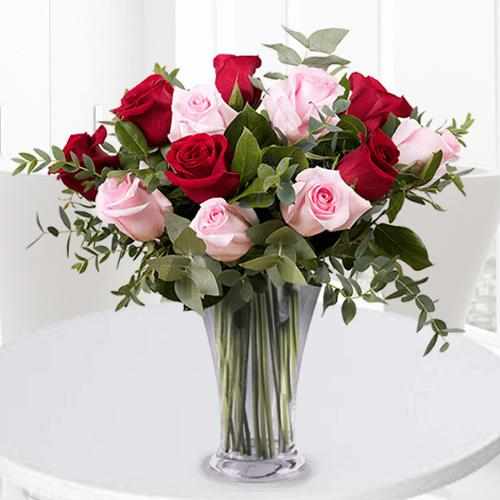 Red and Pink Rose Arrangement in a Vase