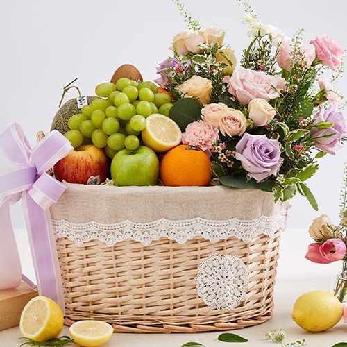 Basket of Pink and Yam Roses with Fresh Fruits