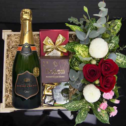 Classic Brut Champagne with Chocolates and flowers 