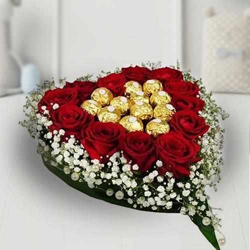 Heart Shaped Arrangement of Rose and Chocolate