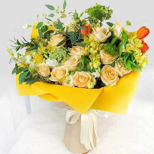 Rose and Tulip in Glowing Yellow Hand Bouquet