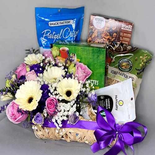 Snack Hamper with Gerberas and Pink Roses   