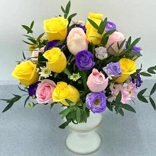 Delicate Roses Eustomas and Poms in Vase
